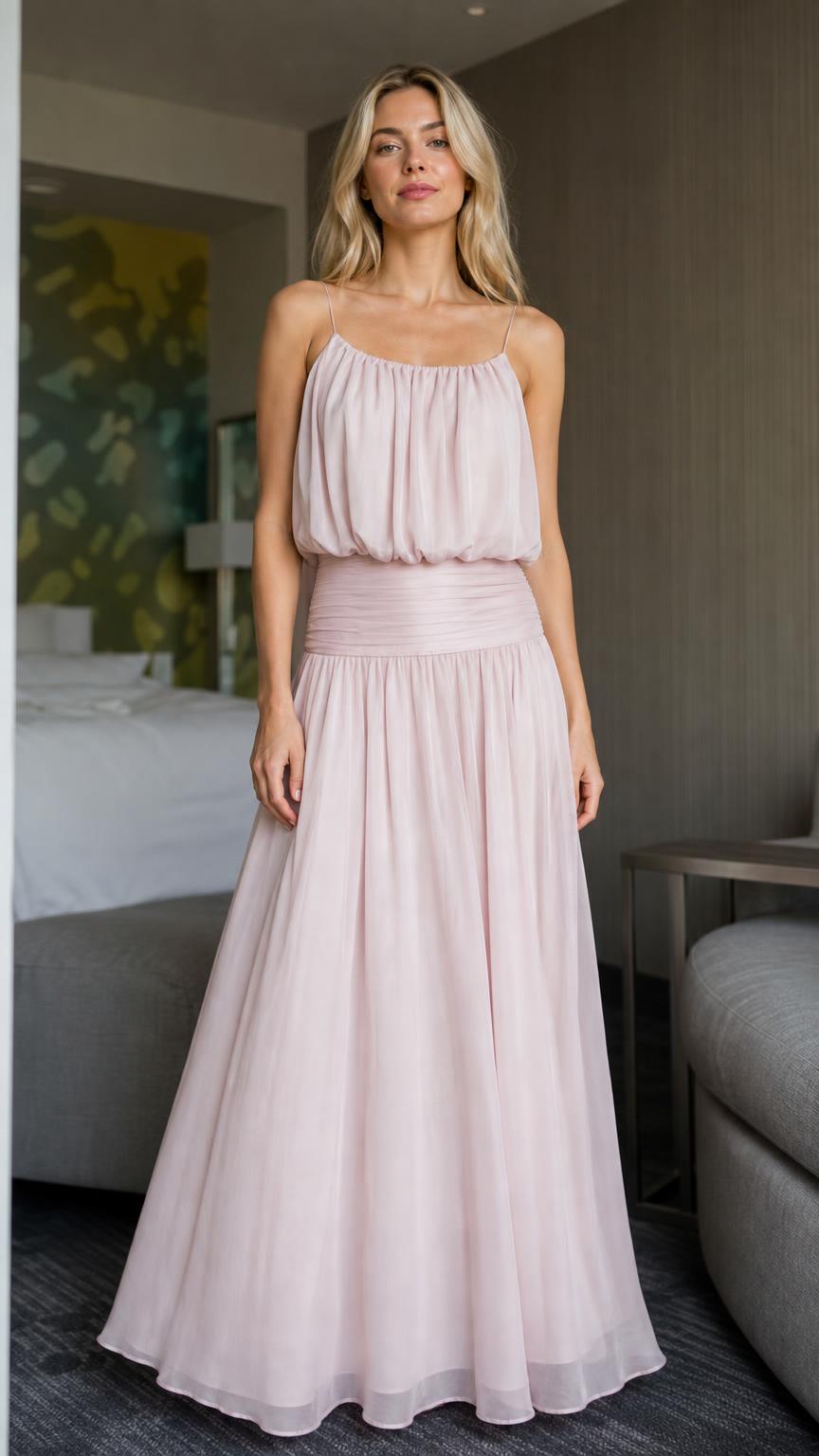 Front view of pink spaghetti strap maxi dress