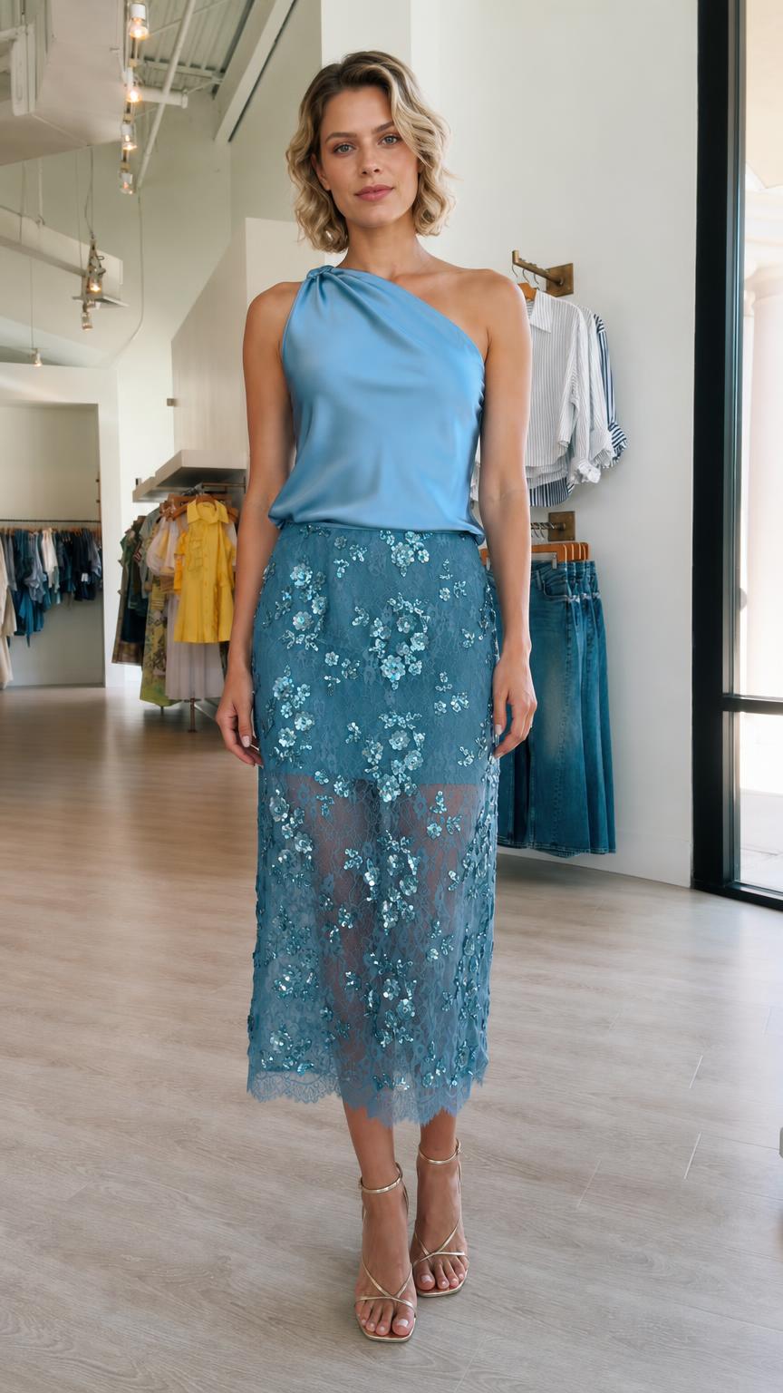 Model wearing blue one-shoulder satin top and lace skirt front view