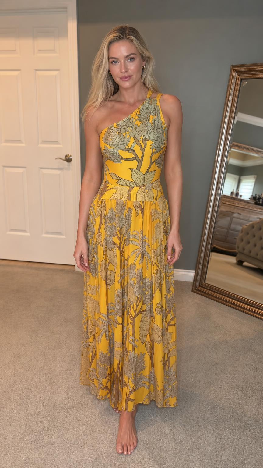 Front view of woman wearing yellow one-shoulder botanical print maxi dress