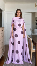 Lavender polka dot cape maxi dress front view