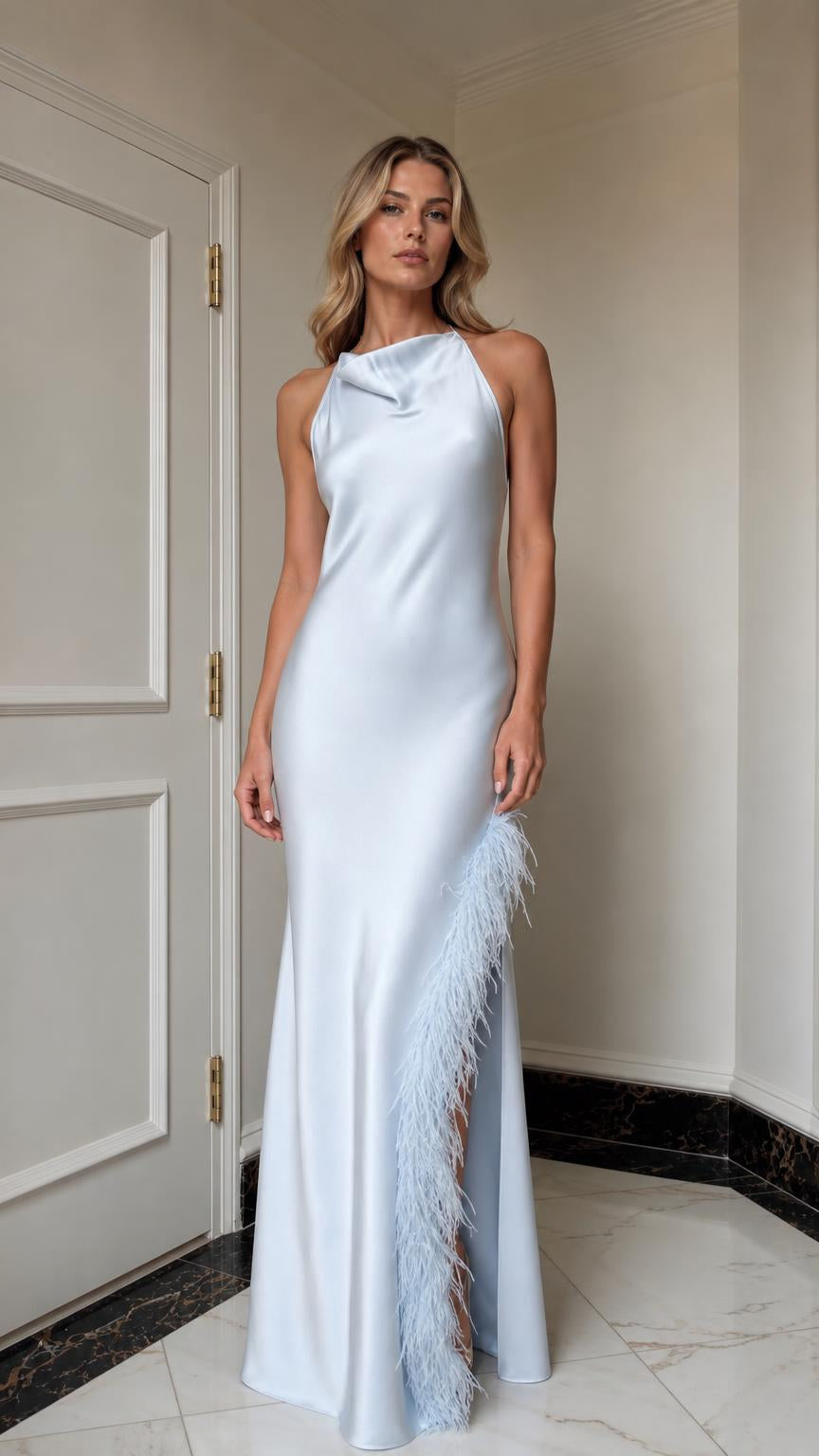 Light blue satin halter maxi dress front view with feather trim