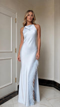 Light blue satin halter maxi dress front view with feather trim
