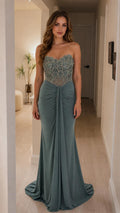 Full length front view of sage green strapless evening gown
