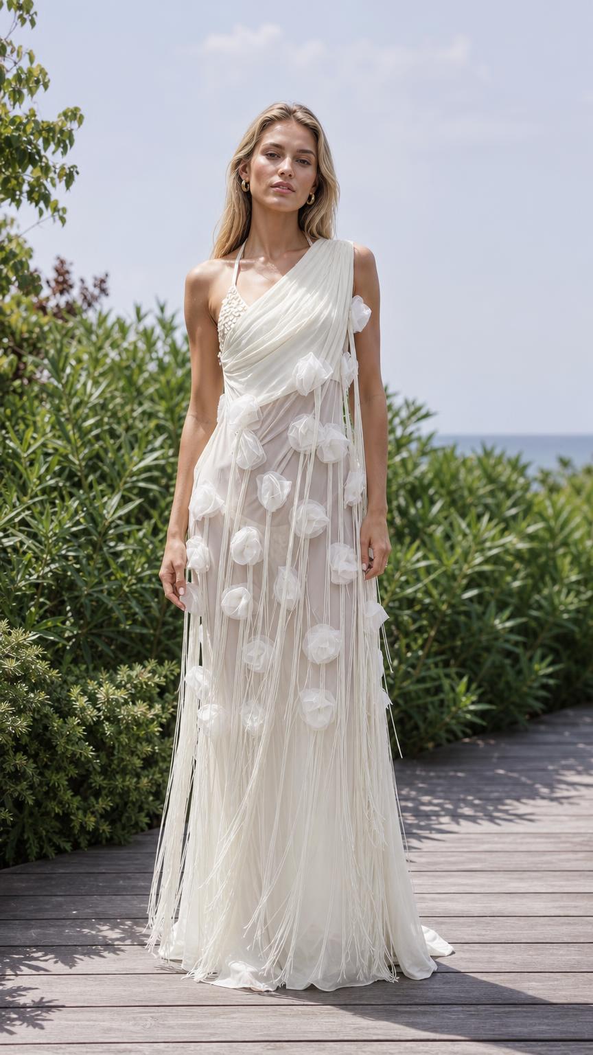 Front view of white one-shoulder floral applique maxi dress