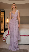 Front view of lavender shimmer ready to wear saree