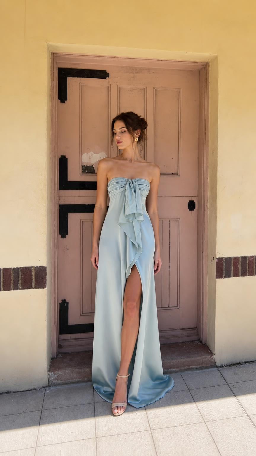 Sage green strapless evening dress front view with high slit