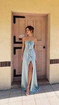 Sage green strapless evening dress front view with high slit