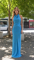 Front view of blue halter neck beaded maxi dress