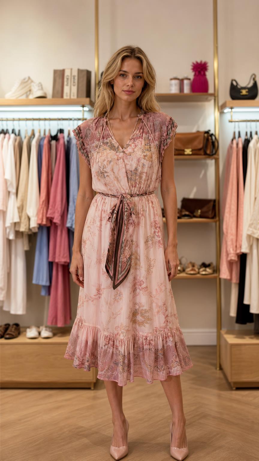 Front view of model wearing pink floral print ruffle midi dress