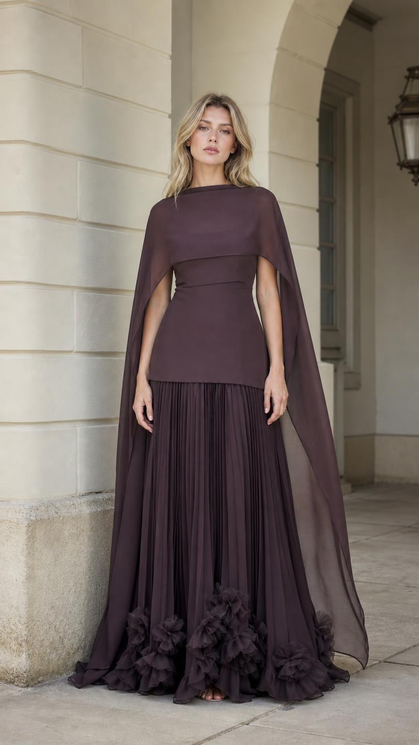 Full front view of dark brown cape sleeve evening gown