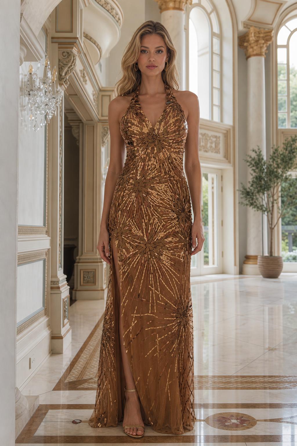 Front view of bronze beaded halter evening gown