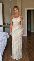 Front view of model wearing multi-stripe one-shoulder knit maxi dress