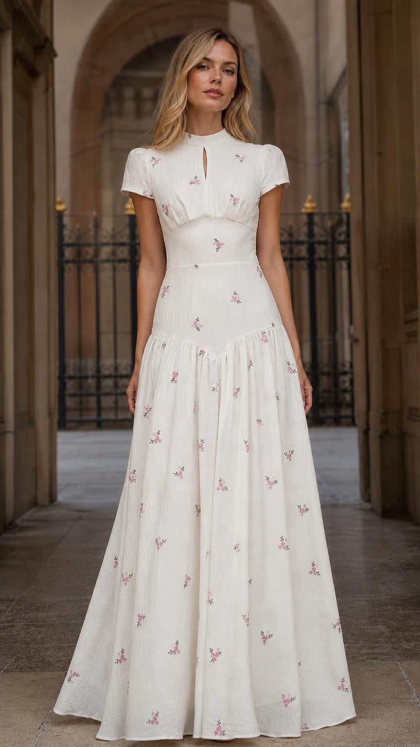 Front view of White floral embroidered maxi dress