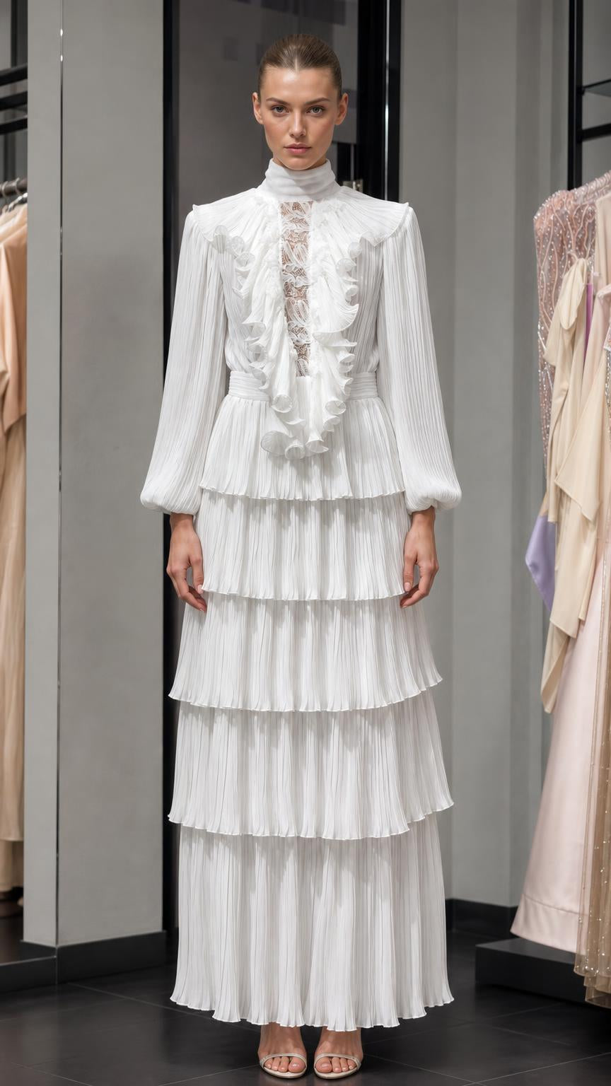 Front view of elegant white pleated high-neck maxi dress with ruffles