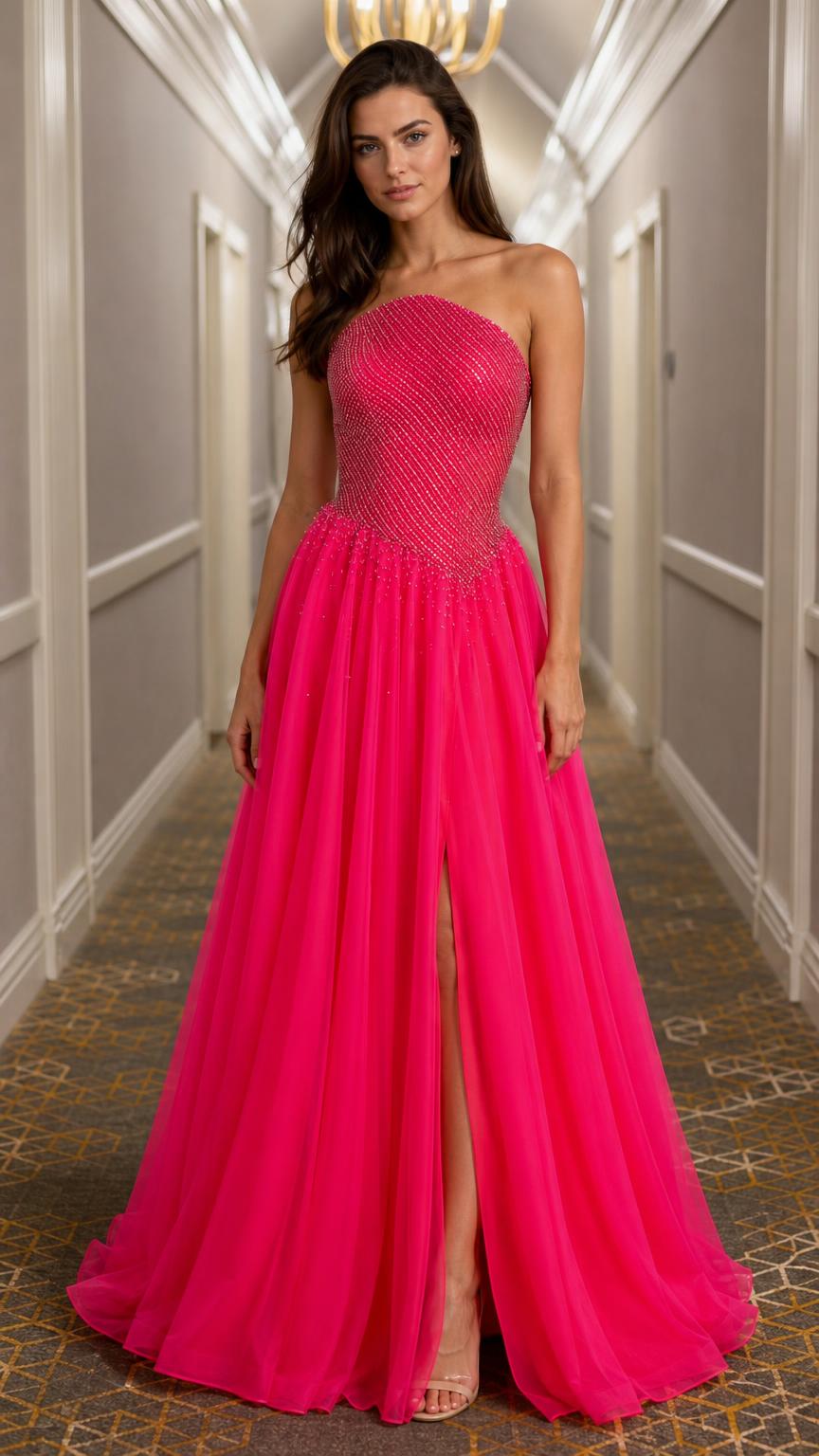Front view of hot pink strapless beaded tulle evening gown with leg slit