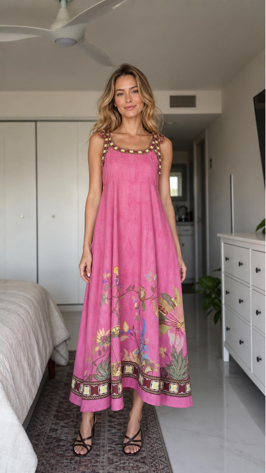 Woman wearing pink boho floral embroidered maxi dress, front view