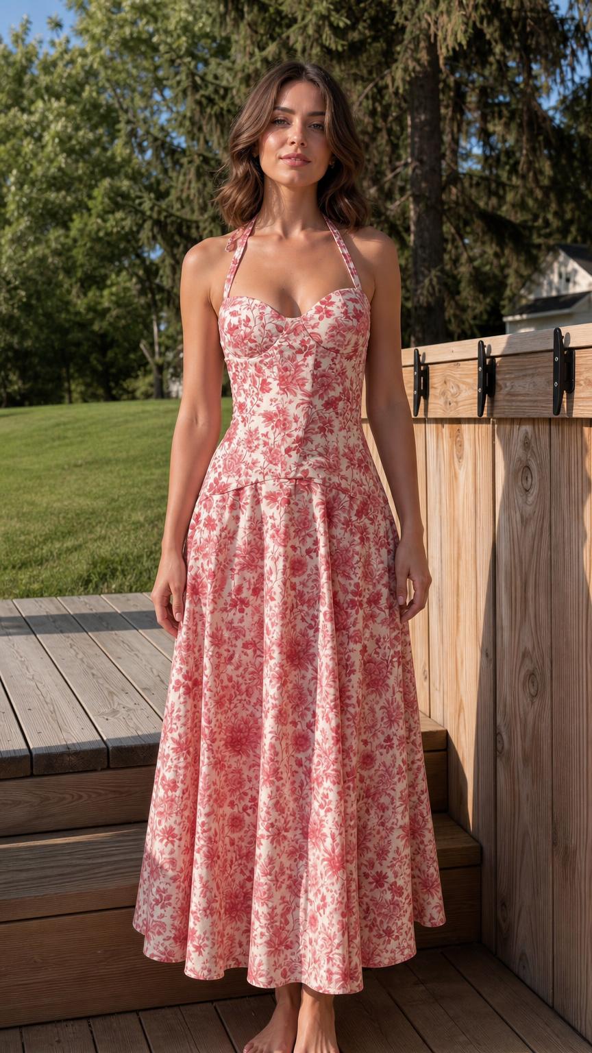 Front view of woman wearing pink floral halter midi dress