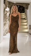 Front view of model wearing Brown Leopard maxi slip dress