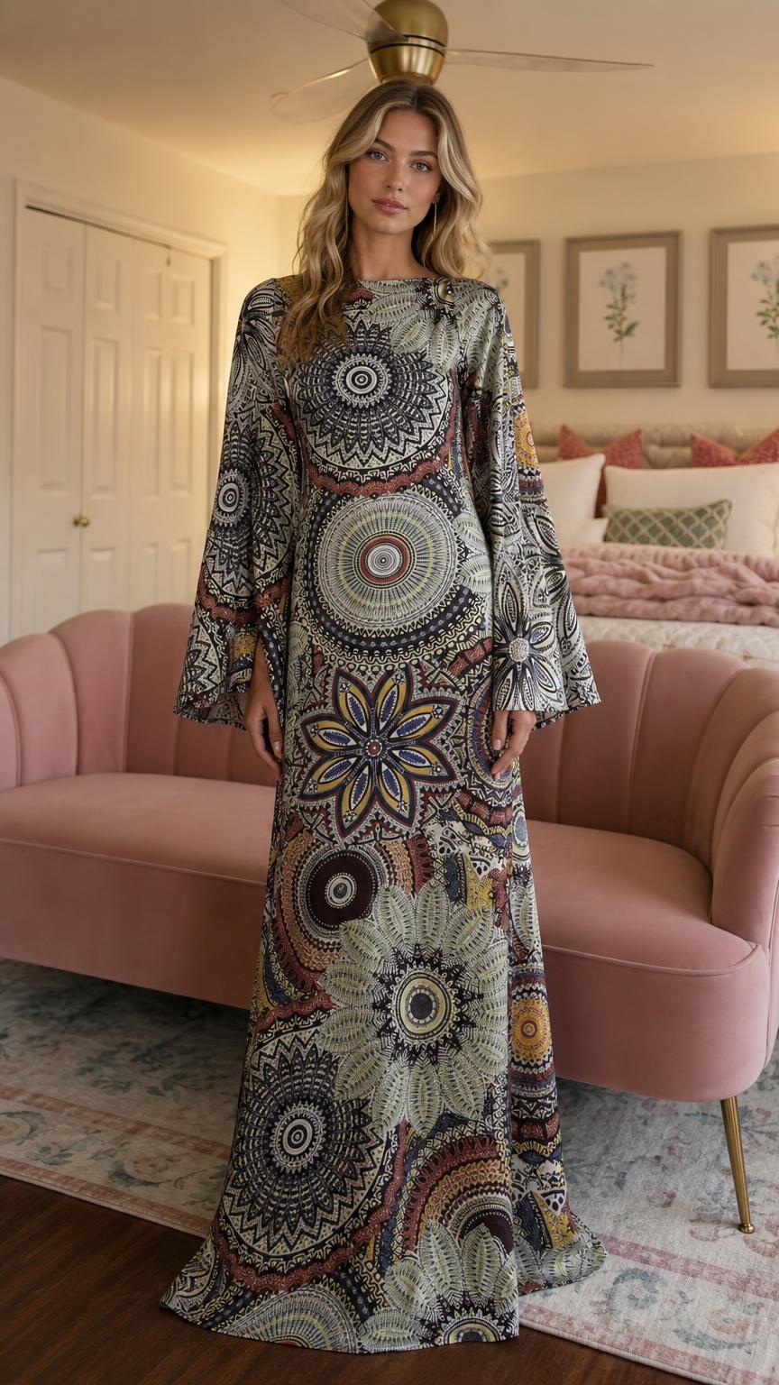 Front view of model wearing sage mandola print long sleeve maxi dress