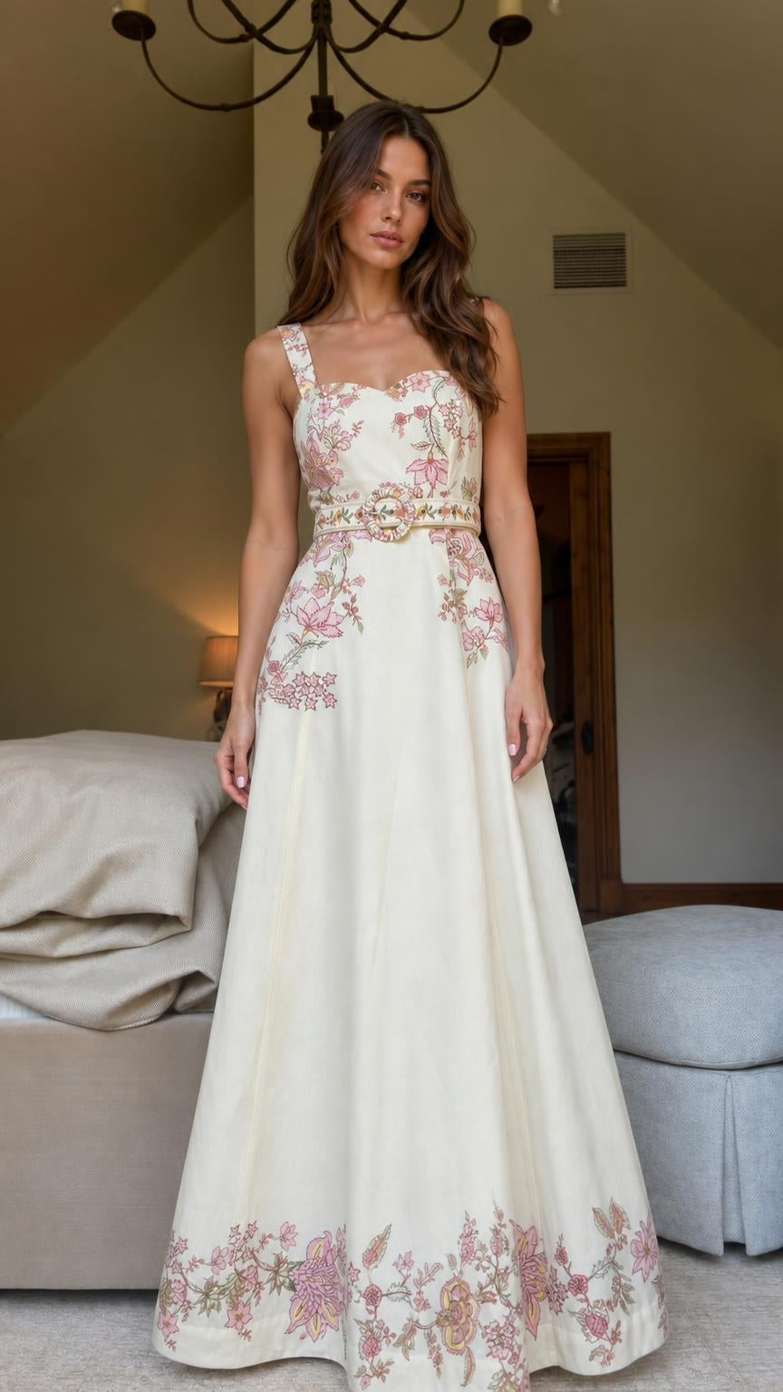 Front view of cream floral embroidered sleeveless maxi dress