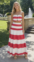 Front view of model wearing red and white striped two-piece set