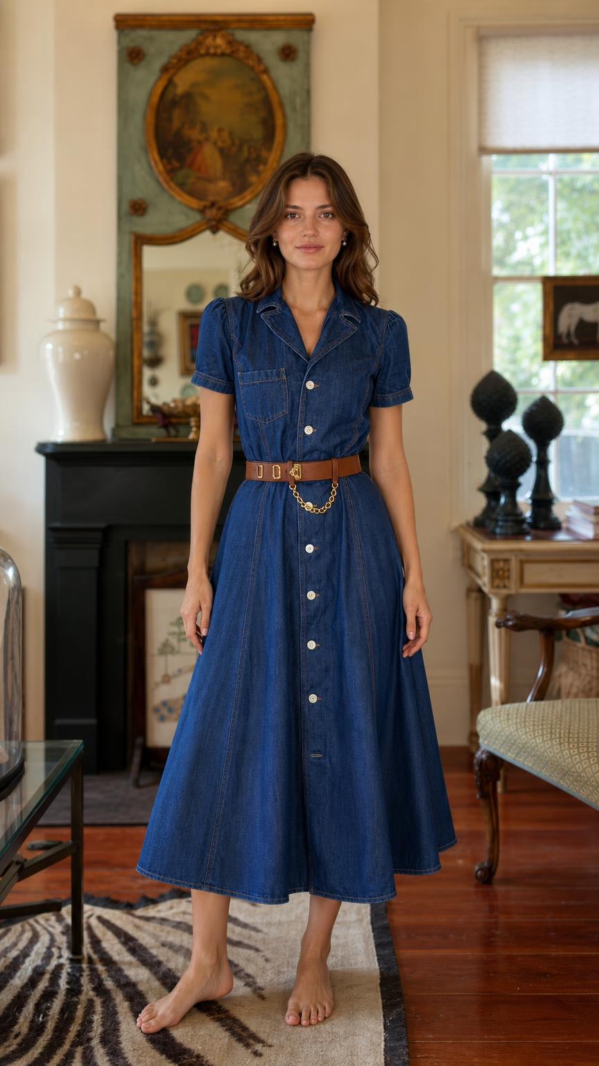 Front view of woman wearing a blue denim midi shirt dress with belt