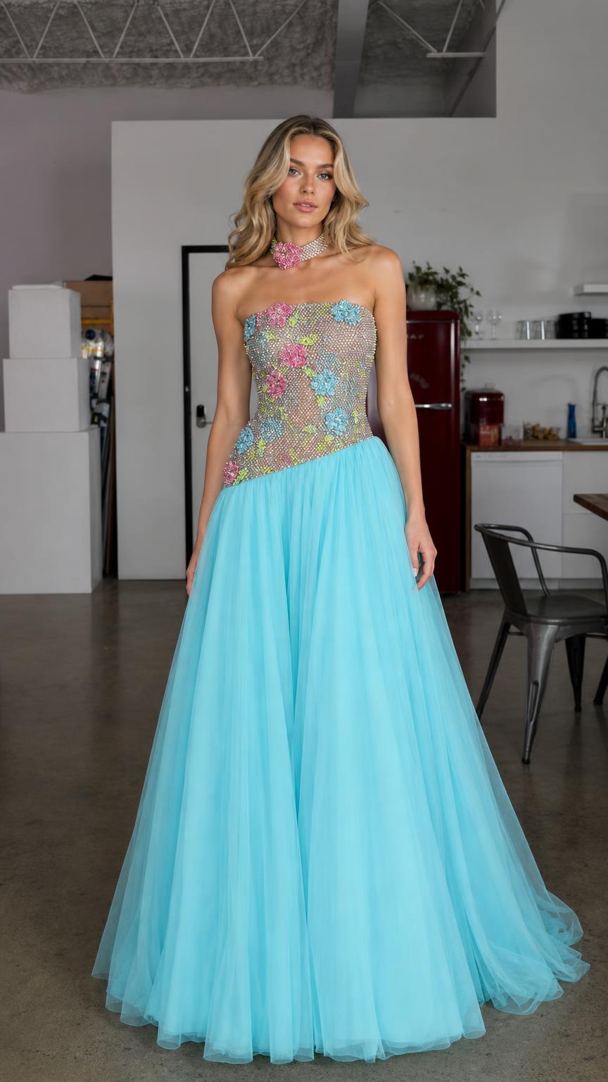 Front view of light blue crystal embellished strapless tulle evening gown