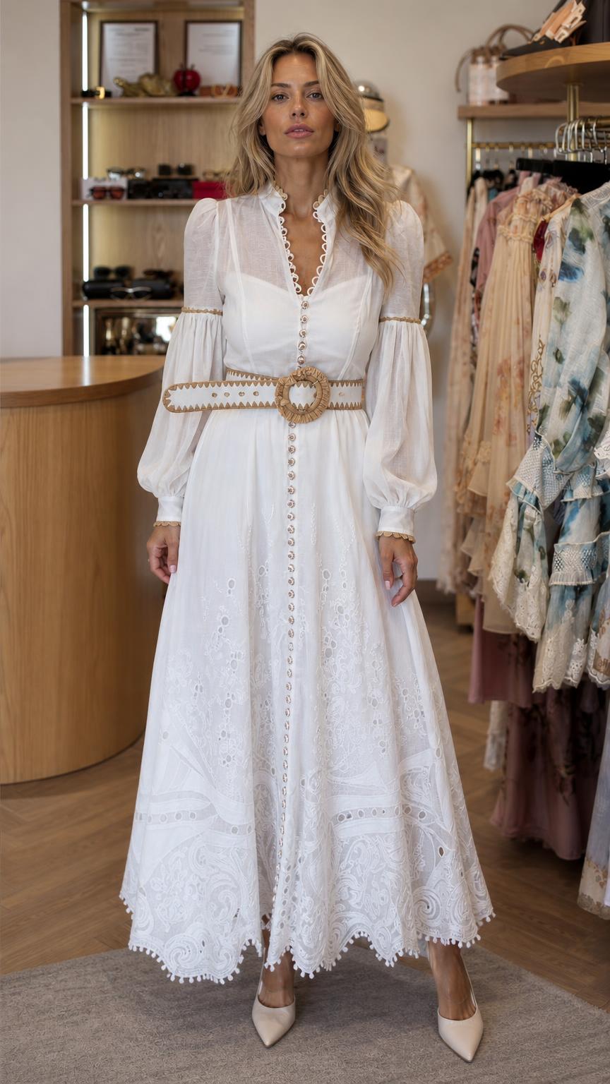 Front view of model wearing white boho chic long sleeve maxi dress