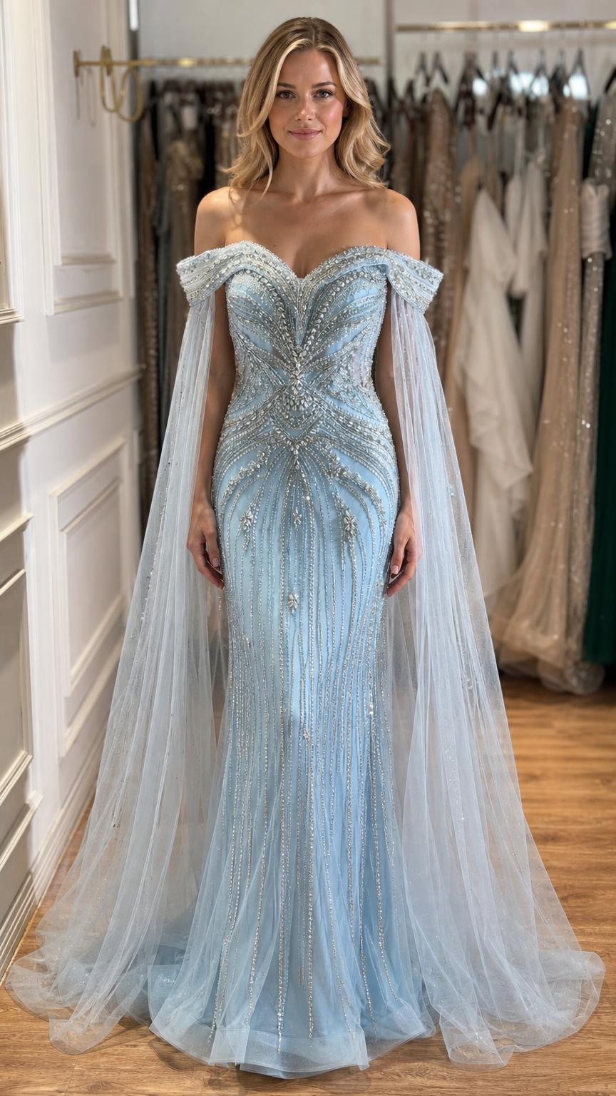 Front view of light blue beaded mermaid evening gown with cape