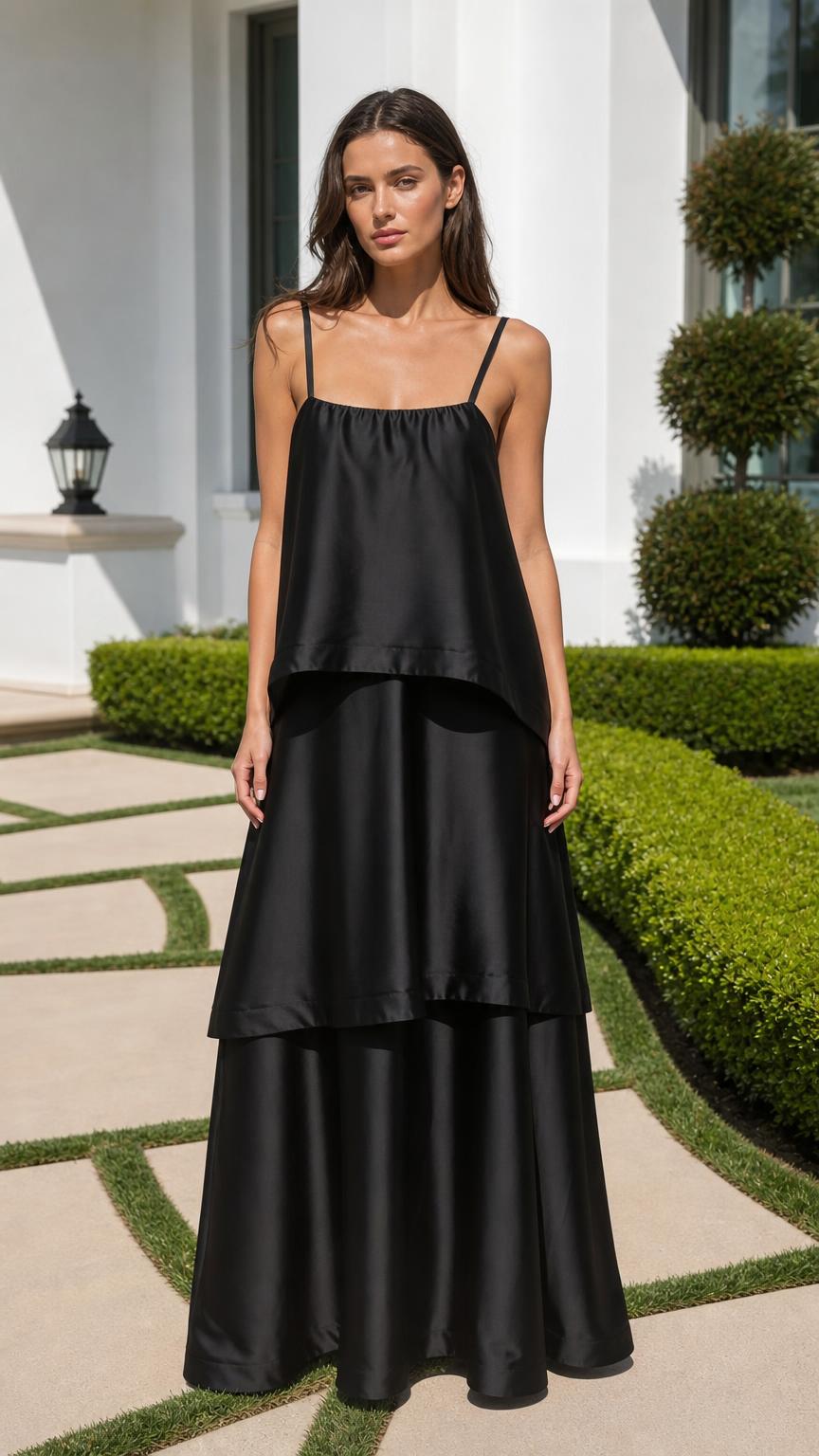 Front view of model wearing black tiered cami maxi dress