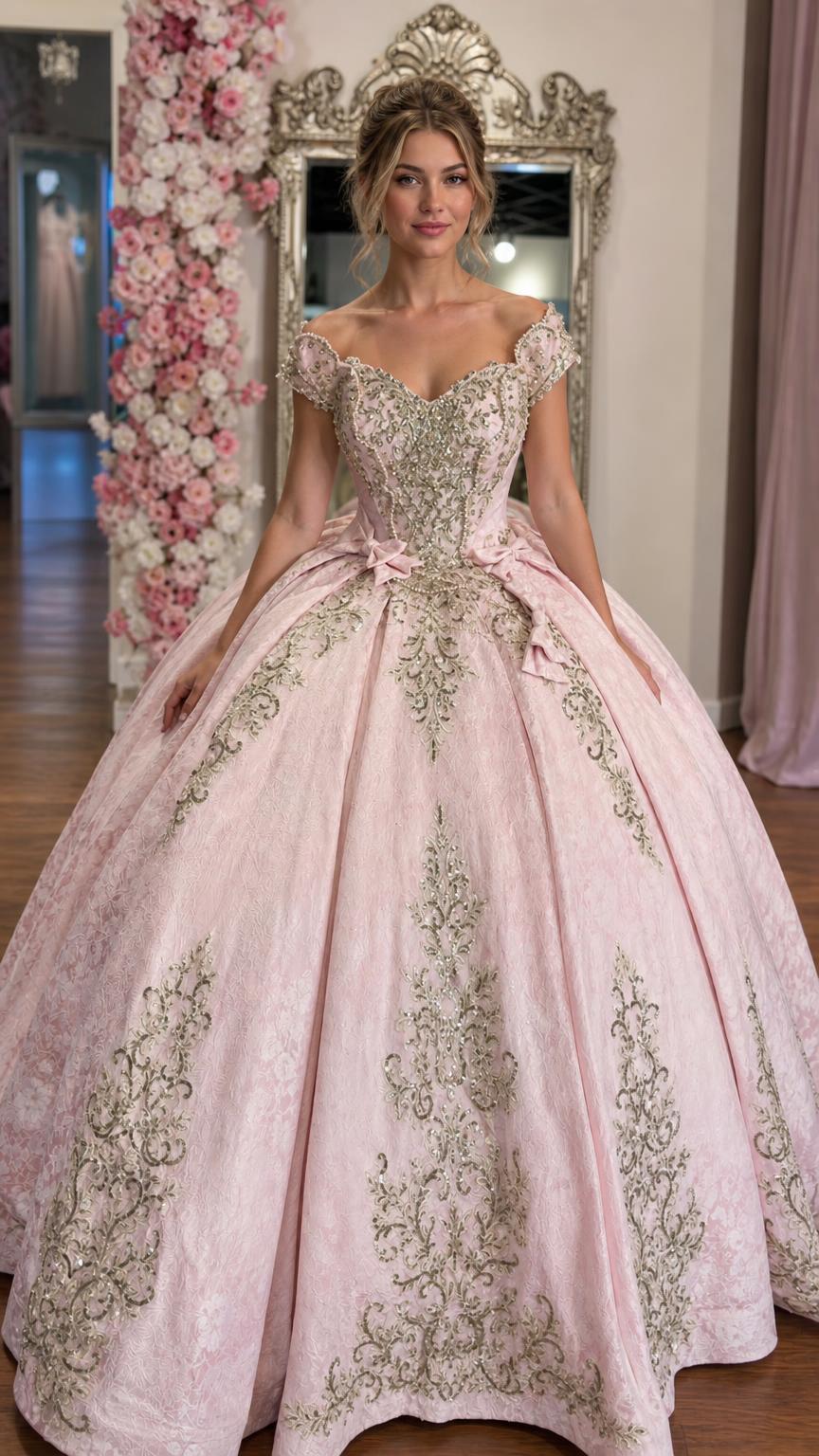 Front view of pink off-shoulder ballgown with gold embroidery