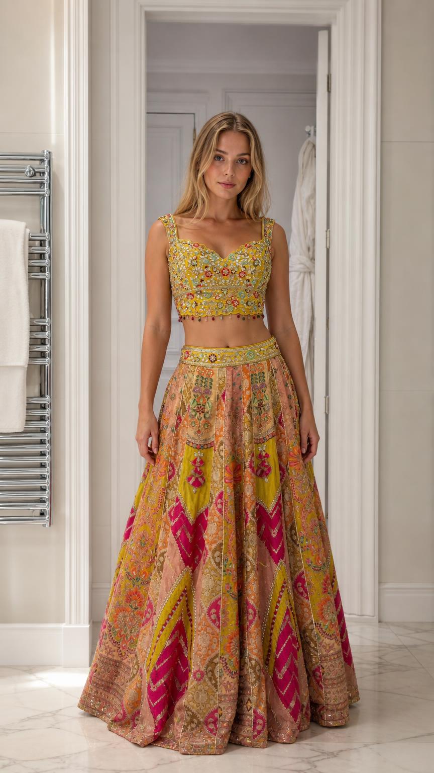 Front view of woman wearing yellow embroidered crop top and lehenga set
