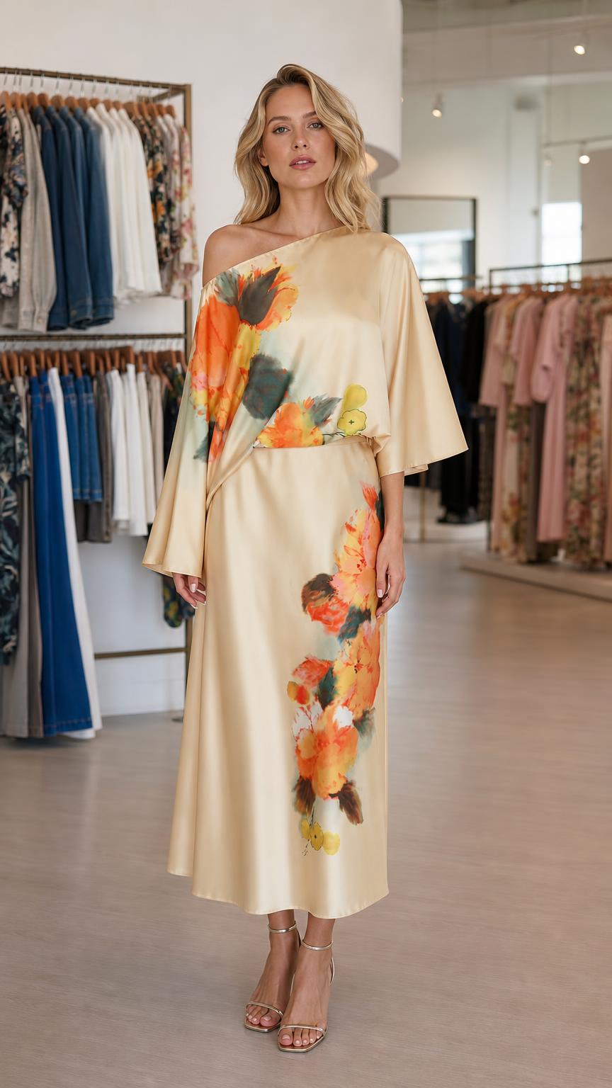 Front view of model wearing champagne one-shoulder floral satin midi dress