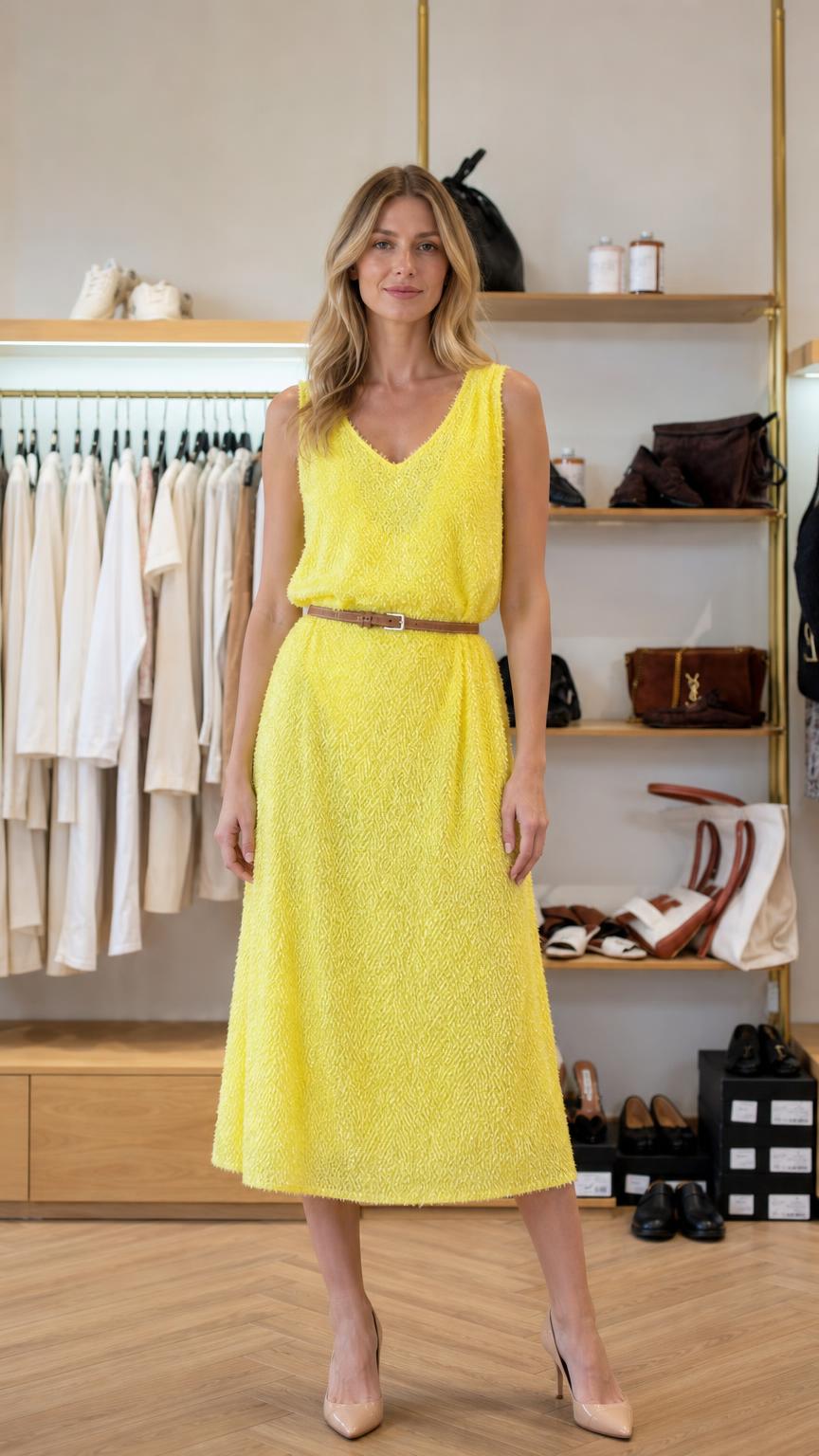 Front view of woman wearing yellow textured v-neck midi dress with belt