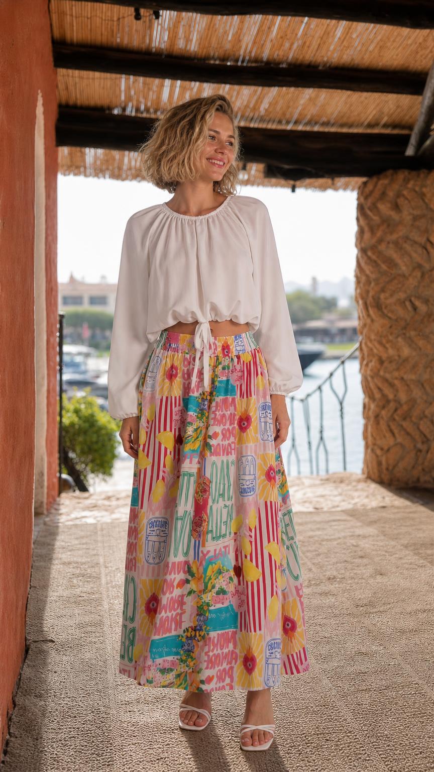 Front view of model wearing white crop top and pink multi printed maxi skirt