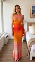Model wearing Orange Ombre ribbed knit maxi dress, front view