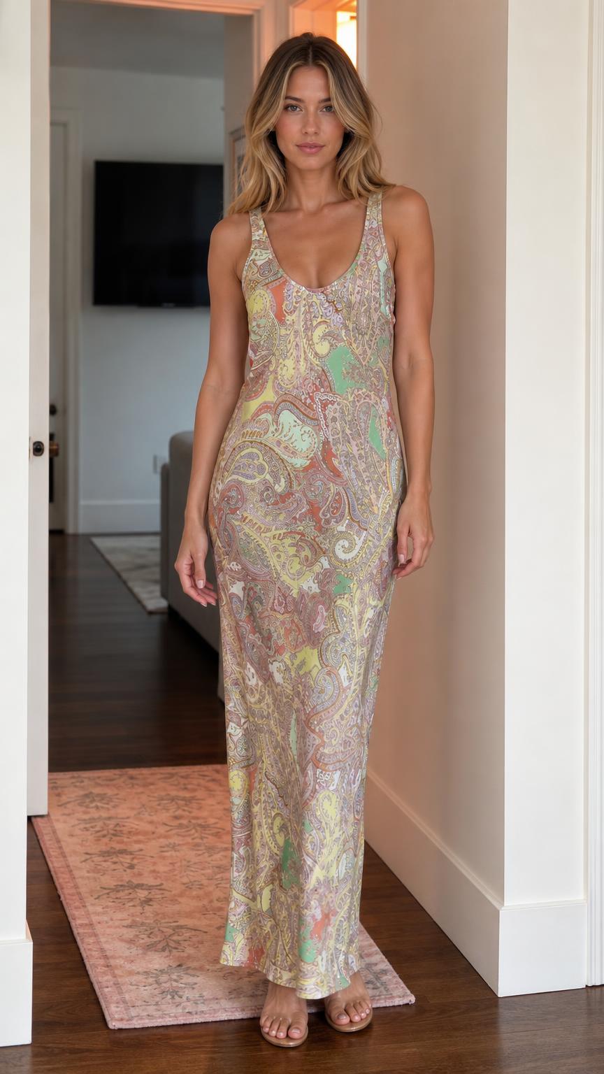 Bohemian Paisley Sleeveless Maxi Slip Dress front view