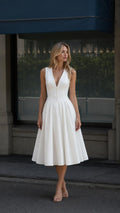 Front full view of the white V-neck midi dress