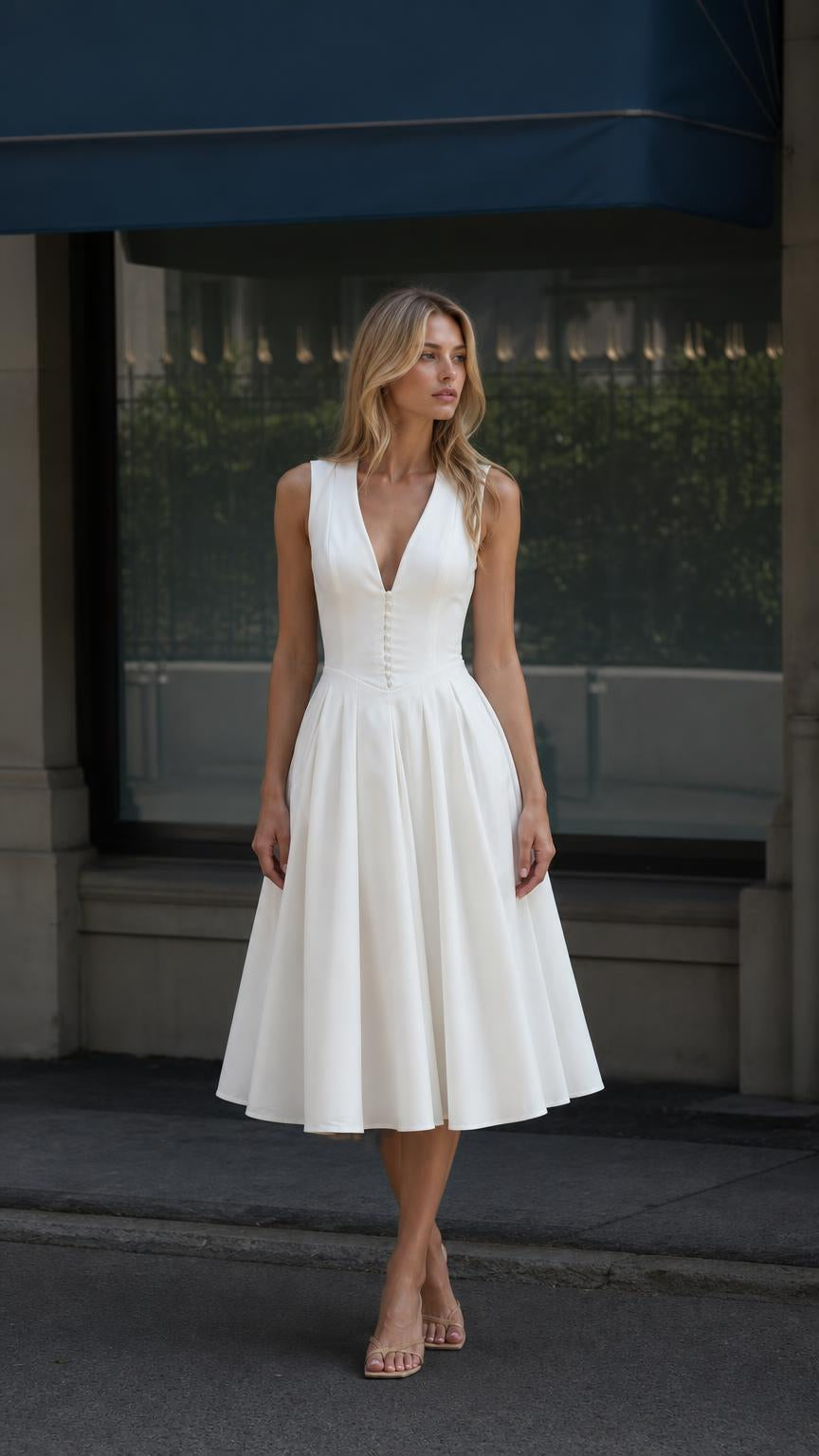 Front full view of the white V-neck midi dress