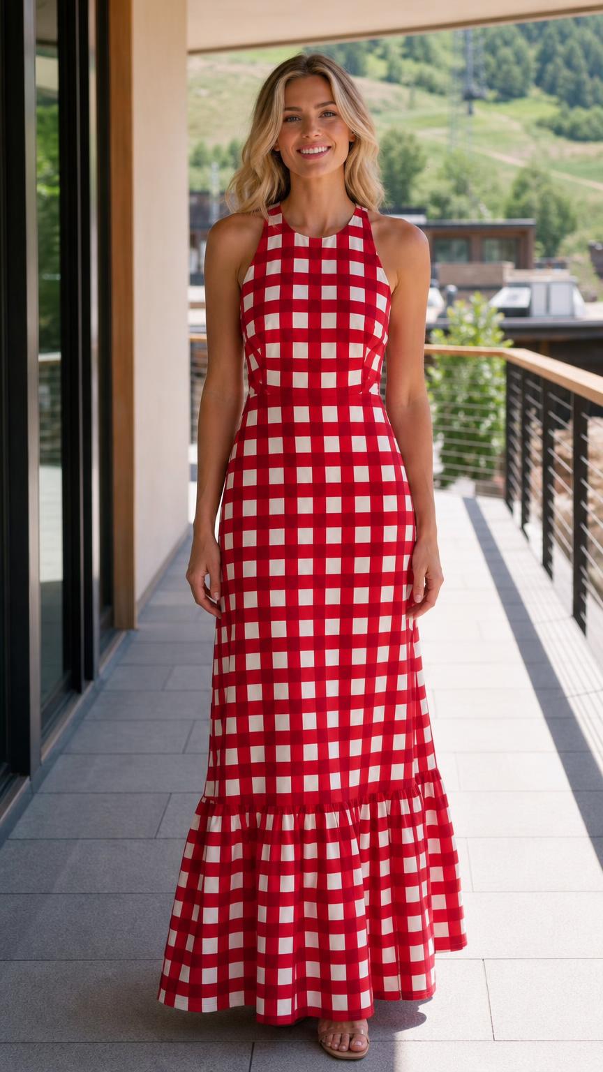 Front view of woman wearing red gingham maxi dress
