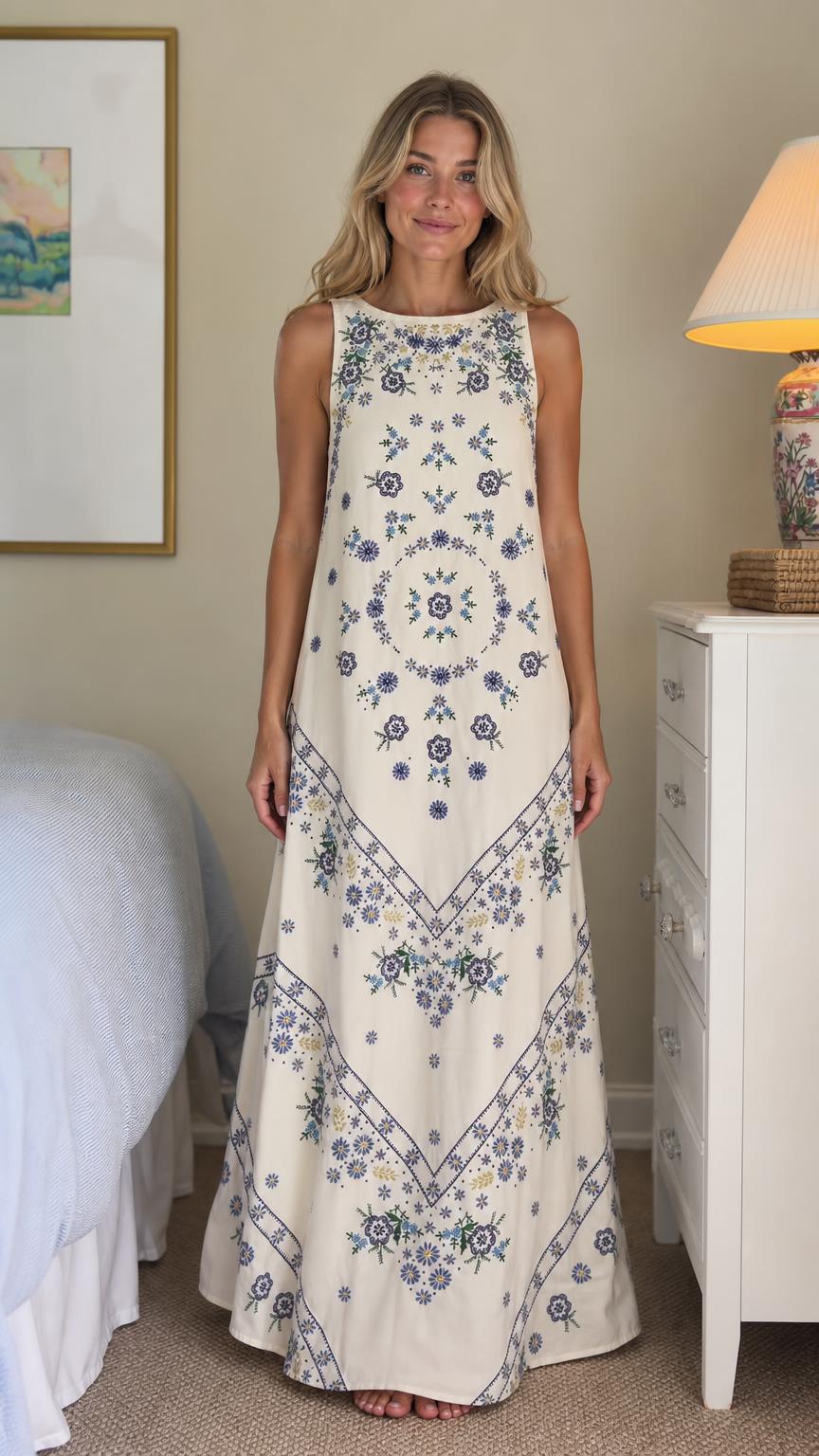 Front view of ivory floral embroidered maxi dress