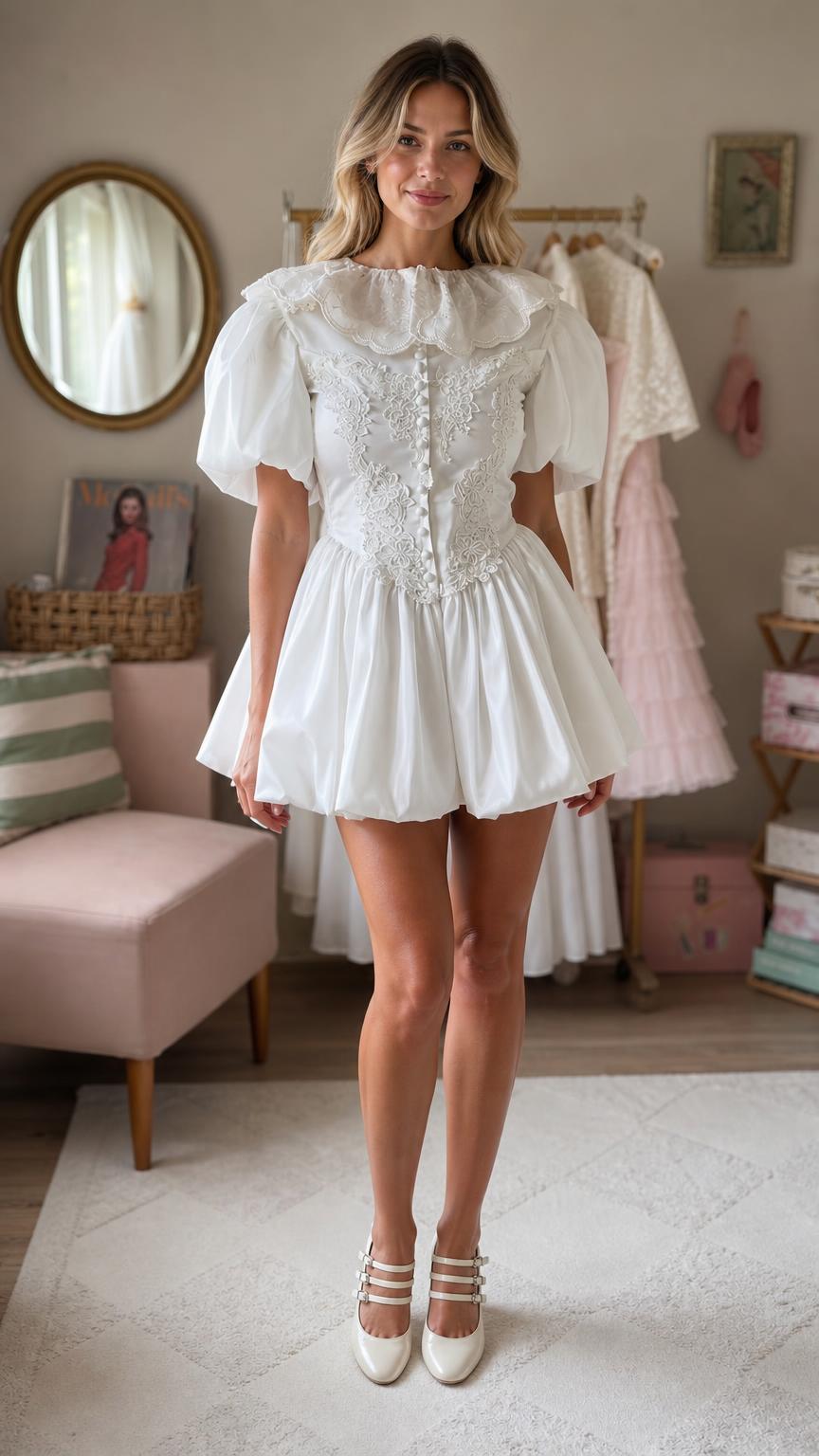 Model wearing white lace ruffle mini dress front view