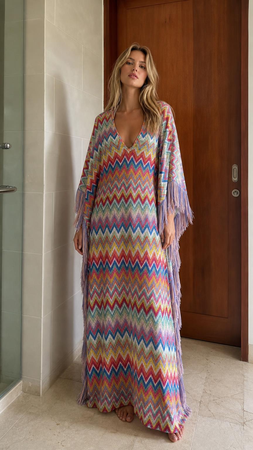 Front view of model wearing multi-colored chevron fringe maxi kaftan dress