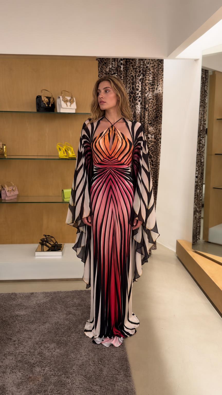 Front view of sunset pink halter maxi dress