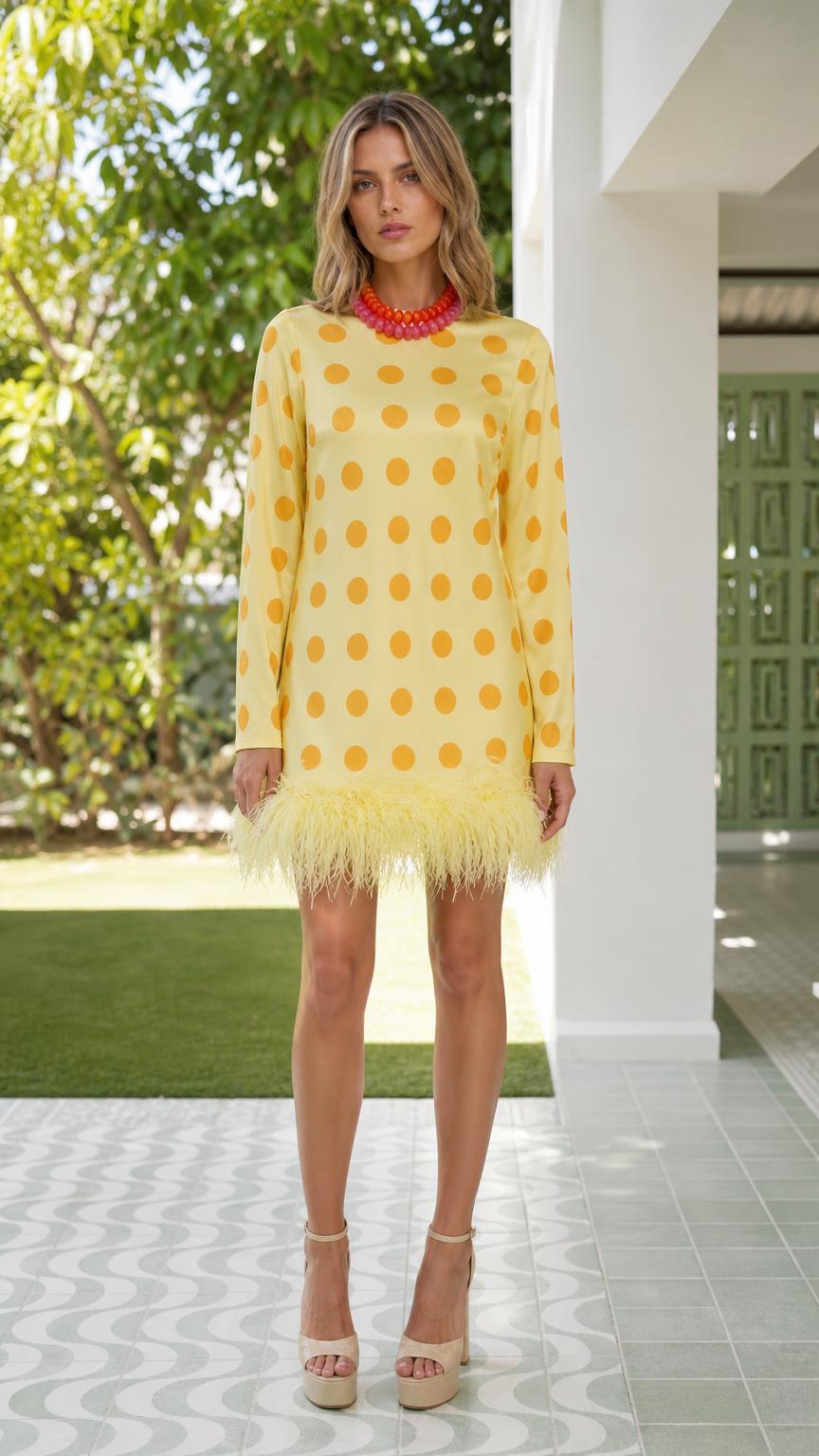 Front view of yellow polka dot mini dress with feather hem