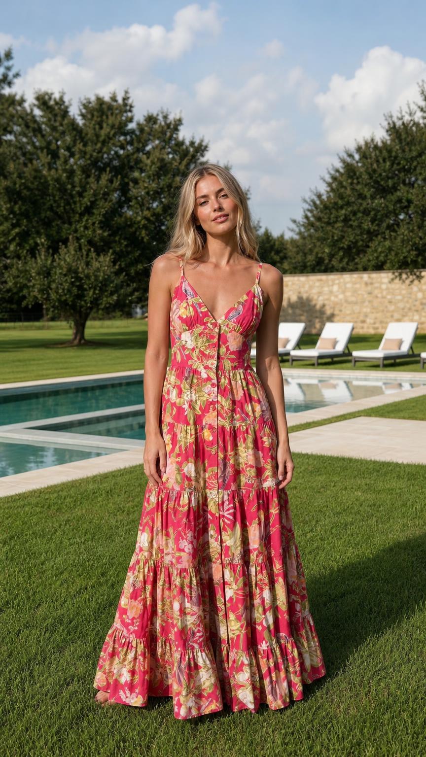 Front view of model wearing fuchsia floral maxi dress near pool