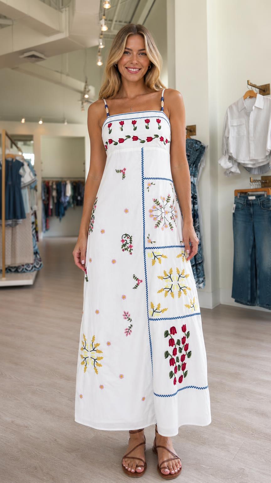 Front view of the white floral embroidered maxi dress