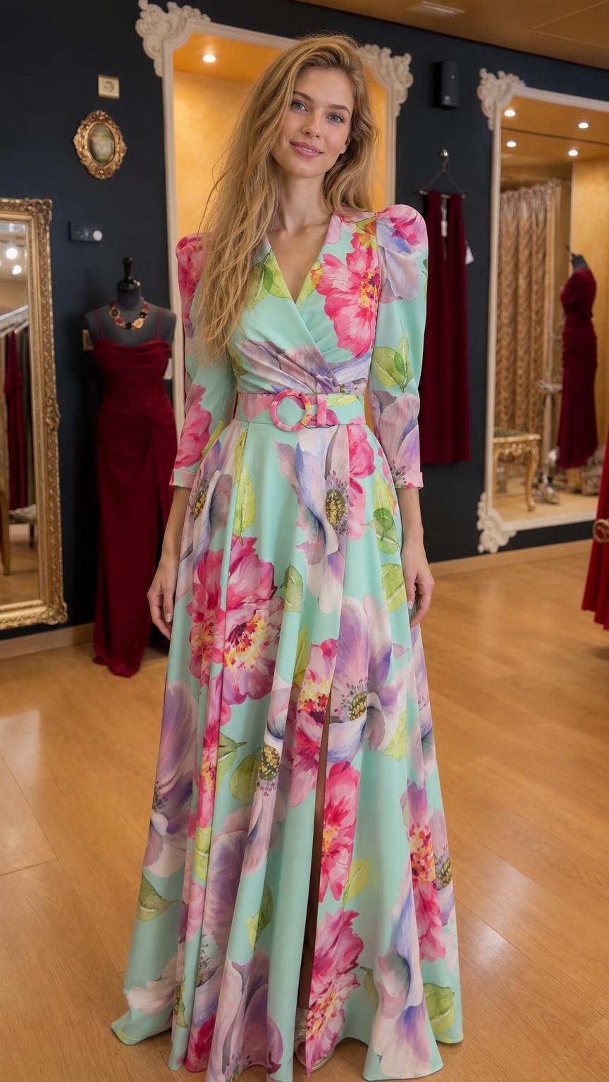 Front view of mint floral maxi dress