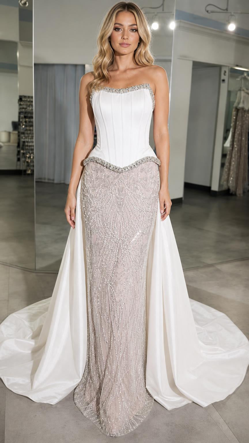 Front view of white and champagne crystal embellished corset evening gown