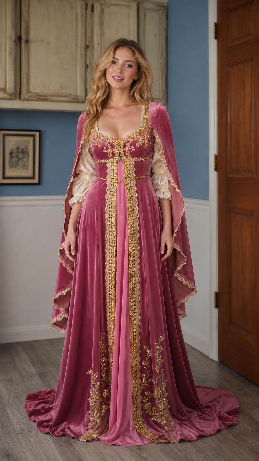 Front view of pink Renaissance velvet gown with gold trim